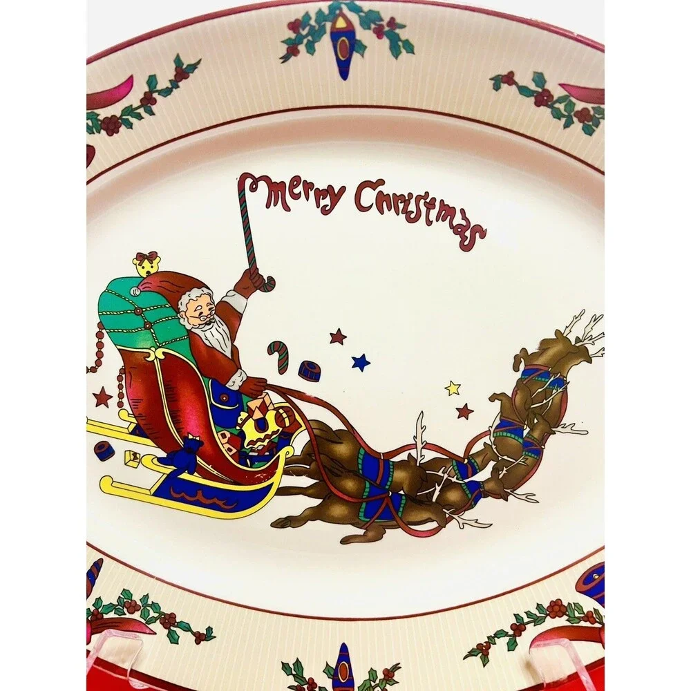 Vintage GEI Santa Sleigh Reindeer Christmas Serving Platter 14” Oval Tray